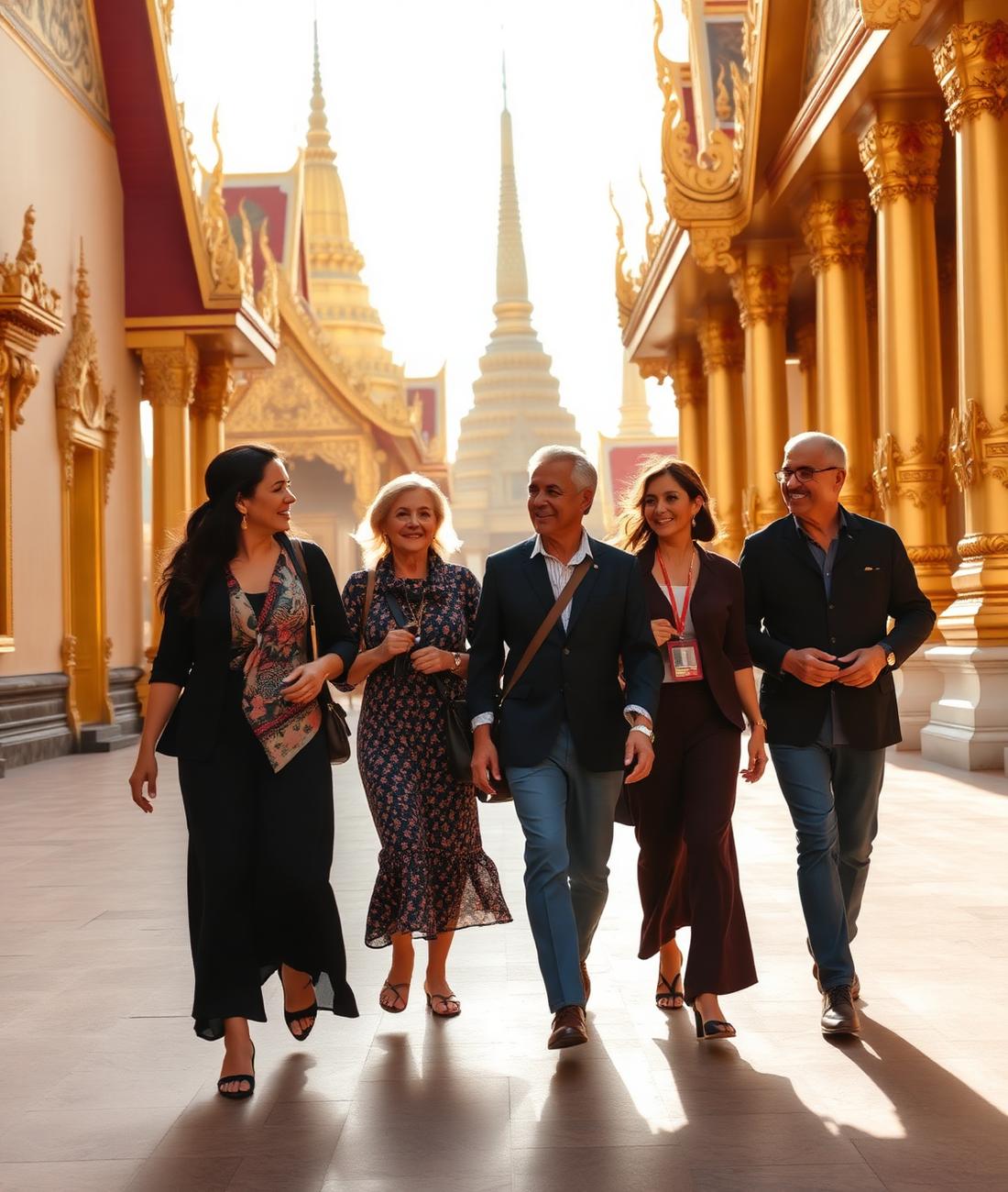 Grupo de viajantes brasileiros explorando um templo na Tailândia