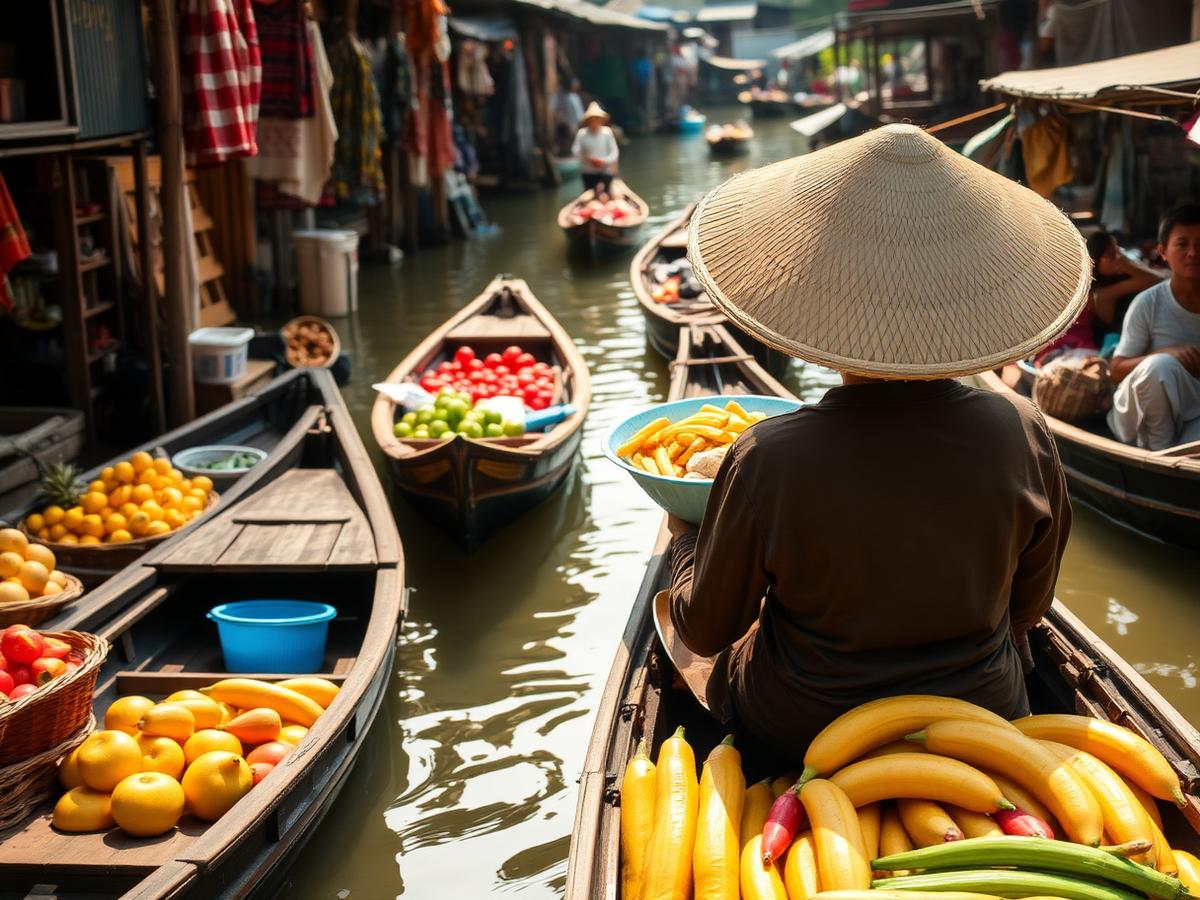 Mercado flutuante tailandês com barcos de frutas