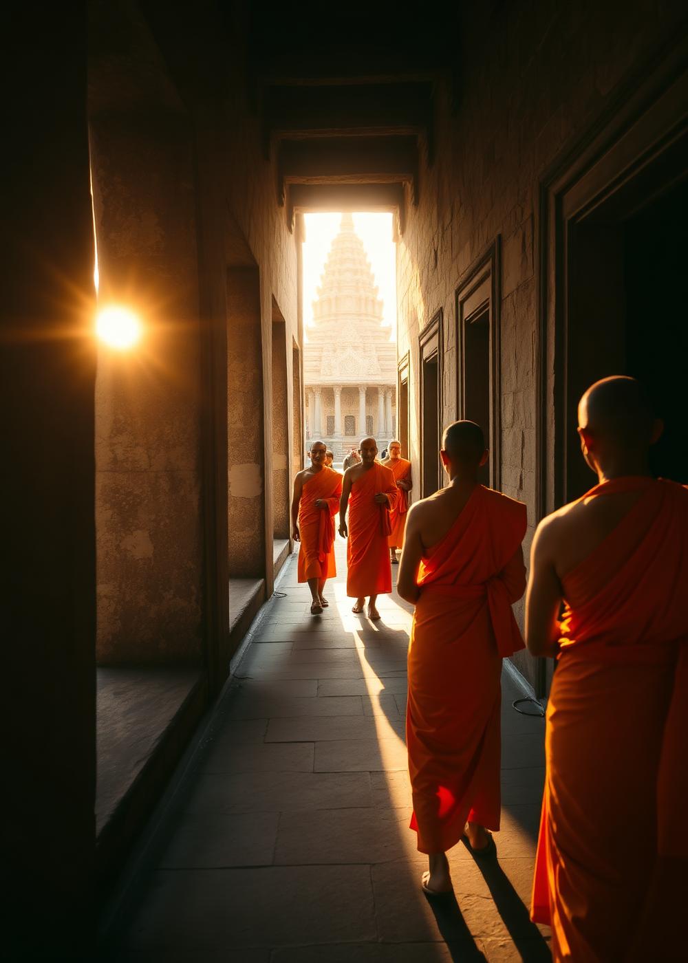 Monges caminhando em corredor de templo ao amanhecer