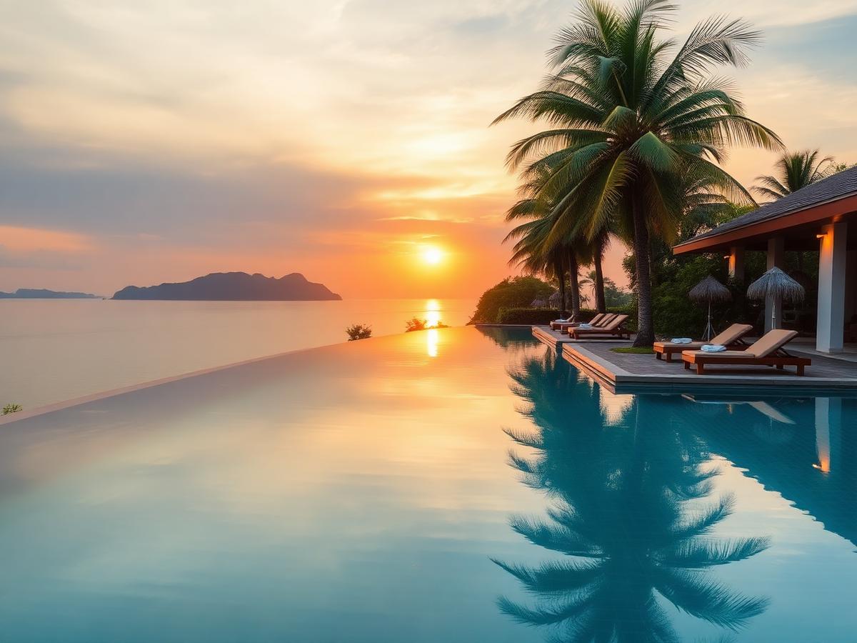 Piscina de borda infinita em resort à beira do mar de Andaman