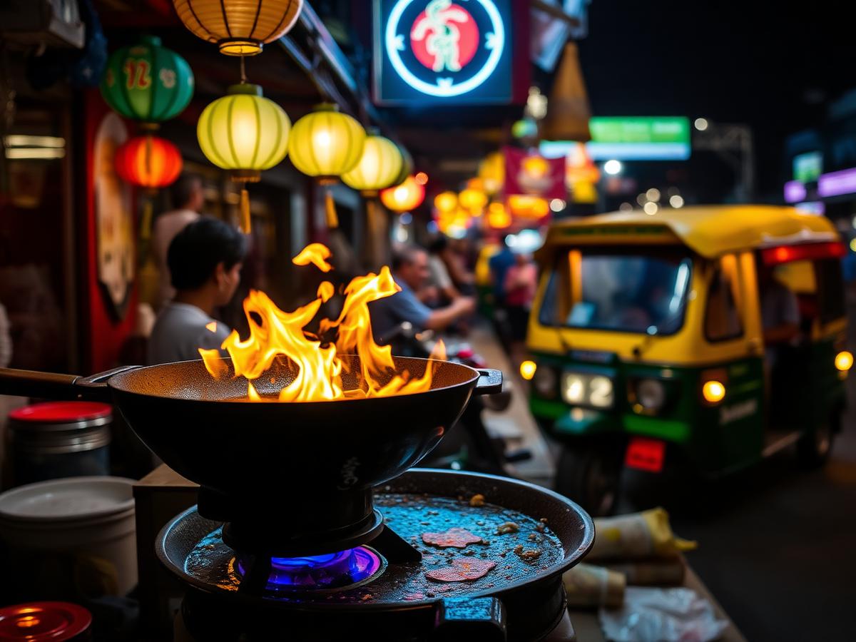 Night market tailandês com wok em chamas e lanternas